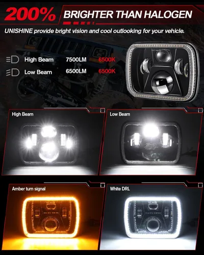 Miniatura 2 de UNI-SHINE - Faros delanteros LED rectangulares 5x7 7x6 pulgadas con haz sellado, DRL, ámbar/blanco, ojos de ángel con halo, compatibles con Jeep