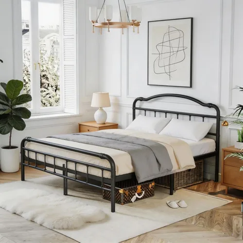 Miniatura 6 de Breezehome Marco de cama de tamaño matrimonial de 18 pulgadas con cabecero y estribo vintage, plataforma de metal resistente, no necesita somier