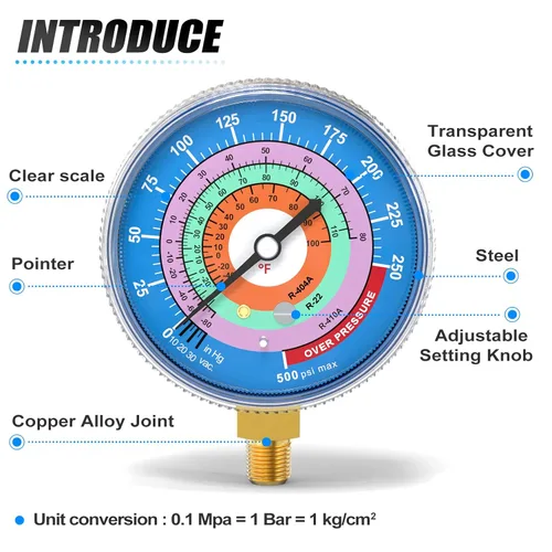Miniatura 4 de MEANLIN MEASURE Medidor de presión para refrigeración, 1/8" NPT, 30 in HG a 250Psi, 2-3/4" dial, R-404A, R-22, R-410A, grado F, con 1/4" NPT y 3/8