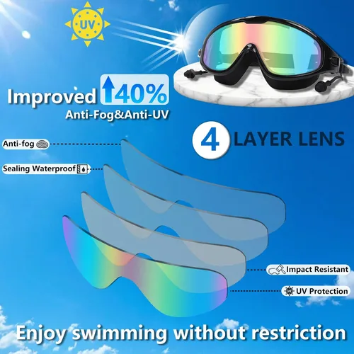 Miniatura 3 de Gafas de natación para adultos para mujeres y hombres, sin fugas, sin niebla, visión amplia, gafas de sol con tapones para los oídos y clip
