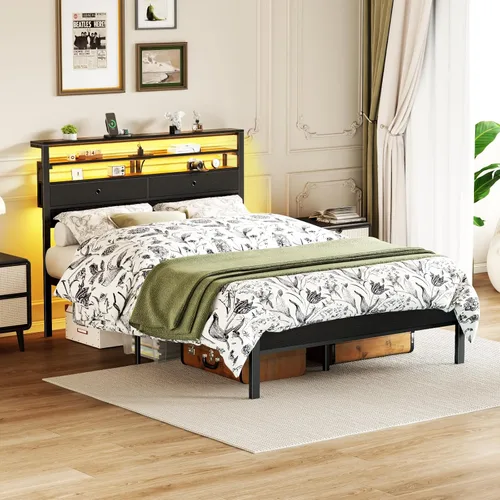 Miniatura 9 de Furnulem Base de cama tamaño completo con cabecero y 2 cajones de tela, cama de plataforma completa con luces LED, estación de carga integrada