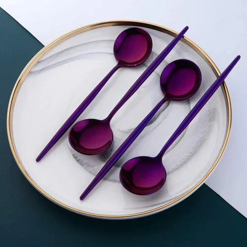 Miniatura 6 de MINGYU Modern - Juego de 8 cucharas de sopa redondas pesadas con mango largo, cuchara de titanio de acero inoxidable de 8.3 pulgadas, cucharas