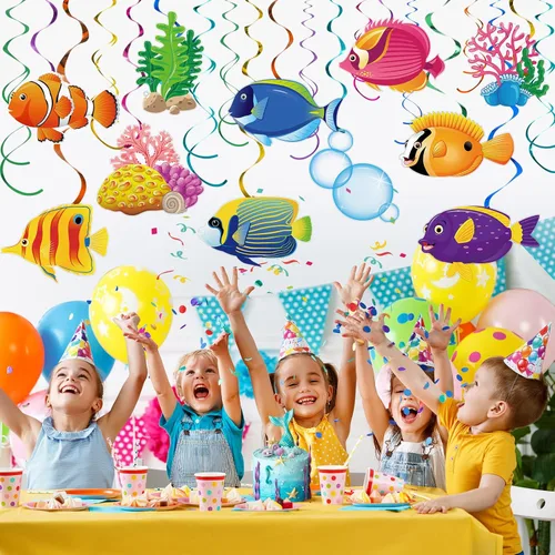 Miniatura 5 de Clabby 30 piezas de decoración de fiesta bajo el mar, remolinos colgantes de peces tropicales, decoración de techo, criaturas de sirena con temática
