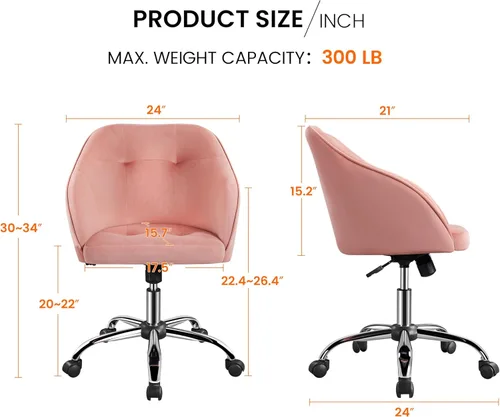 Miniatura 3 de Yaheetech Silla de Oficina Rosa Pequeña y Linda con Ruedas Traseras, Silla de Tocador de Terciopelo Giratoria y con Ruedas, Silla de Escritorio