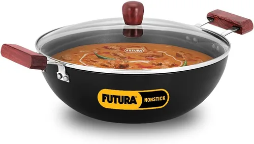 Hawkins Futura Kadhai de 5 litros de profundidad, Kadai antiadherente con tapa de cristal, fondo plano de inducción, Kadhai, color negro (INK50G)
