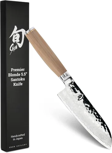 Shun Premier Blonde 5.5" Cuchillo Santoku, Cuchillo japonés multiusos artesanal y afilado a mano, núcleo VG-MAX con revestimiento de acero
