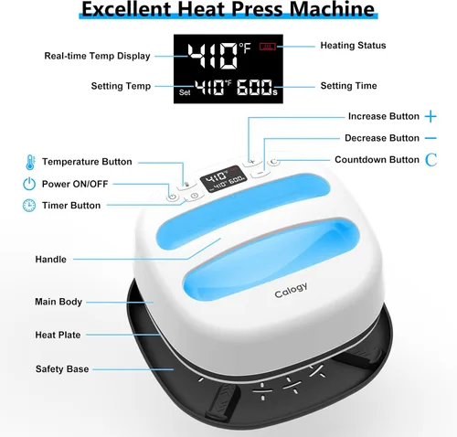 Miniatura 5 de Máquina de Prensa de Calor Calogy para Camisetas 10"X10", Prensa de Calor Portátil Rápida hasta 410℉ (210 ºC), Control Preciso de Temperatura