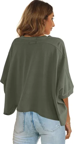 Miniatura 3 de LAMISSCHE Camiseta corta sexy de gran tamaño con cuello redondo y manga corta para mujer, camisetas básicas sólidas