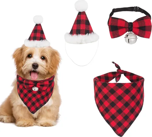 Miniatura 8 de ADOGGYGO Juego de bandana de Navidad para perro, sombrero y pajarita, clásica a cuadros rojos, bufanda de Navidad para mascotas, disfraz de Navidad
