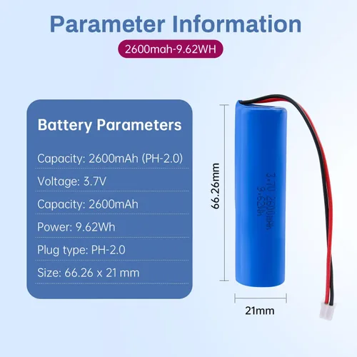 Miniatura 2 de Batería recargable de iones de litio de 3.7 V 2600 mAh, conector PH2.0 de 2 pines, batería de repuesto para electrónica de bricolaje, juguetes