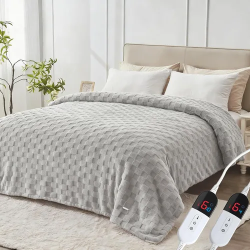 Miniatura 10 de Manta térmica eléctrica tamaño matrimonial – Manta jacquard a cuadros Sherpa de 72 x 84 pulgadas, manta de cama de calentamiento rápido con 6