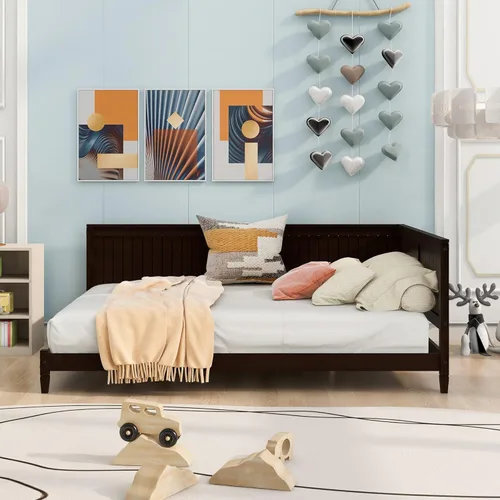 Miniatura 17 de Quarte Sofá cama multifuncional de tamaño individual con nido y estantes plegables en ambos lados, sofá cama con marco de madera y listones