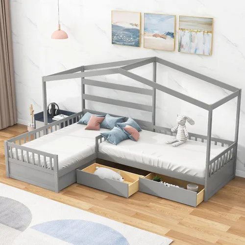Miniatura 11 de MERITLINE Marco de cama individual para niños, cama Montessori de terciopelo con techo, cama de piso individual de madera para niñas y niños,