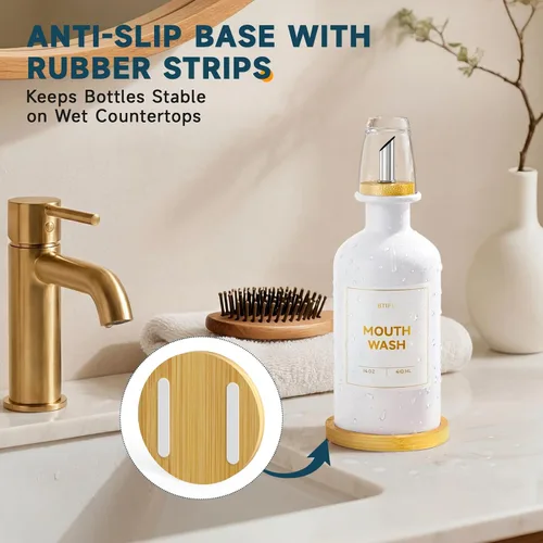 Miniatura 4 de Dispensador de enjuague bucal de vidrio para baño, botella de enjuague bucal recargable de 14 onzas con 2 tazas de vidrio y bandeja de bambú, Blanco