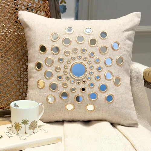 Miniatura 2 de HomeCentric Funda de almohada geométrica beige, 12 x 12 pulgadas, cuadrado de lino y algodón, círculos contemporáneos de Pascua, círculo de la vida