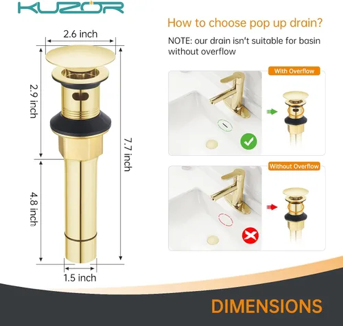 Miniatura 6 de Desagüe emergente para fregadero de baño con rebosadero - Se ajusta a agujeros de 1-5/8" a 2", acero inoxidable 304 para tocador/fregadero