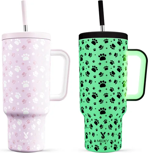 Miniatura 43 de Meoky - Vaso de 30 oz con asa, tapa y pajilla, taza de viaje térmica de acero inoxidable 100% a prueba de fugas, para portavasos, mantiene el frío