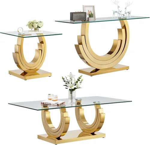 Miniatura 18 de SSLine Mesa auxiliar de cristal de lujo para sala de estar, mesa auxiliar moderna dorada con base de pedestal de acero inoxidable en forma de flor