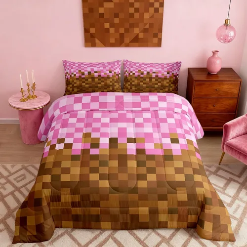 Miniatura 22 de Pixelated Miners - Juego de edredón para niños, tamaño individual, juego de ropa de cama de videojuegos a cuadros geométricos para adolescentes