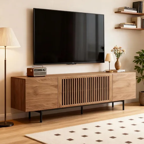 Soporte de TV moderno de mediados de siglo de 70.87 pulgadas, centro de entretenimiento con 4 gabinetes de almacenamiento, mesa consola multimedia