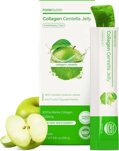 FOODOLOGY Gelatina Centella de colágeno (manzana verde) – Péptido de colágeno con PDRN – Biotina, vitamina A y E para brillo de piel, cabello y uñas