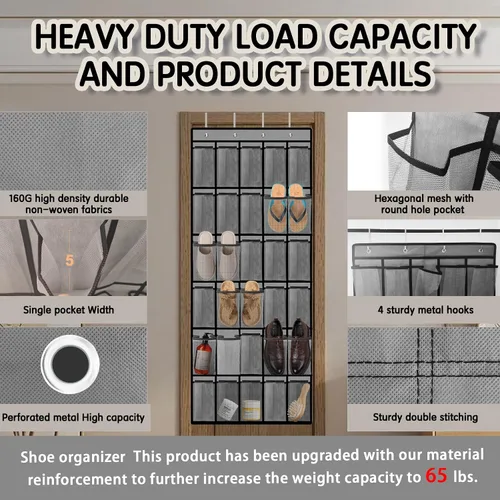 Miniatura 2 de Kotkn Organizador de zapatos sobre la puerta con 30 bolsillos de malla transpirable, almacenamiento de armario de gran capacidad para hombres y Gris