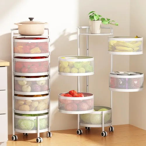 Miniatura 6 de JAQ Canasta giratoria de frutas, de metal resistente, almacenamiento multinivel de cocina, no requiere montaje, con ruedas, para frutas, verduras