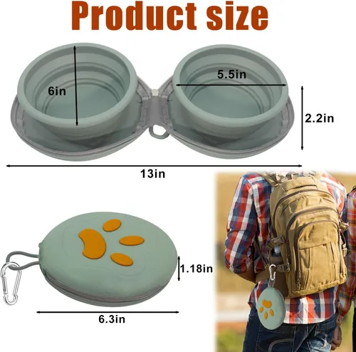 Miniatura 5 de Cuencos plegables para perros, tazón de silicona 2 en 1 para comida y agua para mascotas con mosquetón, plato portátil de doble compartimento