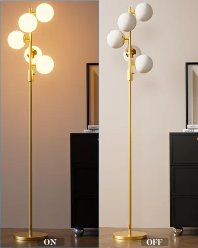 Miniatura 5 de Lightdot Lámparas de pie regulables doradas y negras de 66 pulgadas con mesa, moderna lámpara alta de pie con pantalla de globo, cabeza