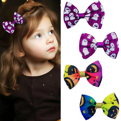 Lazos para el pelo de Halloween para niñas, 4 pinzas para el pelo de calabaza fantasma, bonitos pasadores de cinta de grogrén para niños, accesorios