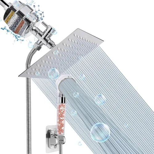 Cabezal de ducha con filtro, lluvia de alta presión de 8 pulgadas con filtro combinado para agua dura, elimina el cloro, el flúor y las sustancias