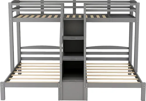 Miniatura 6 de DEINPPA Litera individual sobre individual e individual con escalera, litera triple de madera con escalera y espacio de almacenamiento integrado
