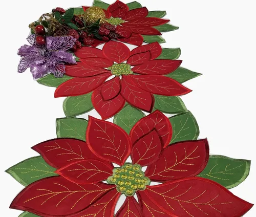 Miniatura 3 de Camino de mesa de flores de Pascua bordadas de Navidad rojo y verde para decoración de mesa de Navidad en el hogar, cena, Navidad, 14 x 36 pulgadas