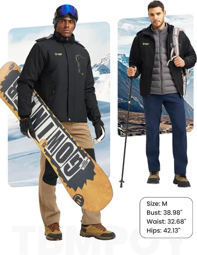 Miniatura 6 de TBMPOY Chaquetas de esquí para hombre, impermeables, para nieve, forro polar grueso, con capucha, para clima frío, cálido, trabajo en hielo al aire