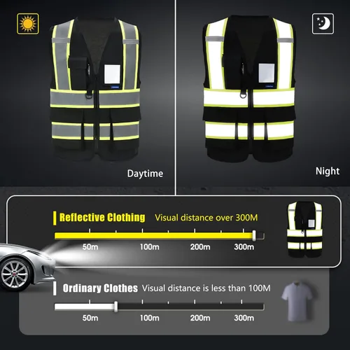Miniatura 3 de AYKRM 11 color alta visibilidad reflectante chaleco de seguridad para mujeres hombres bolsillo cremallera ANSI/ISEA estándar Negro