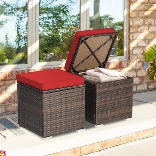 Miniatura 4 de Tangkula - 2 asientos otomanos de patio, mesa lateral de ratán PE tejido a mano de Patiojoy con cojín extraíble y espacio de almacenamiento oculto
