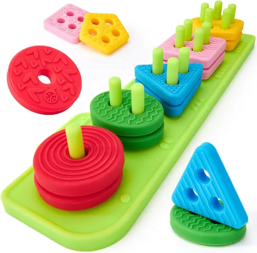 hahaland Juguetes sensoriales Montessori para clasificar y apilar de silicona para niños de 1 a 3 años, bloques suaves texturizados para clasificar