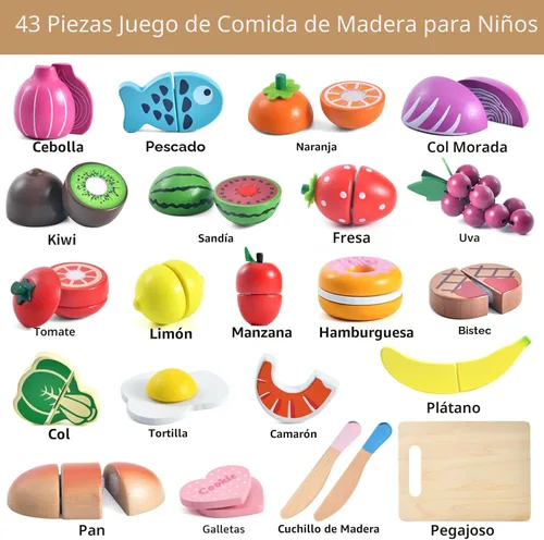 Miniatura 2 de WHOHOLL Juego de 43 piezas de comida de madera para niños, accesorios de cocina con canasta, juguetes de comida de corte de simulación para niños