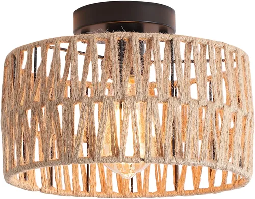 Miniatura 8 de Accesorio de Lámpara de Techo Empotrada Tejida en Oro Antiguo Costero, Luz de Techo Semi Empotrada Rústica Boho de Cuerda de Cáñamo Latón