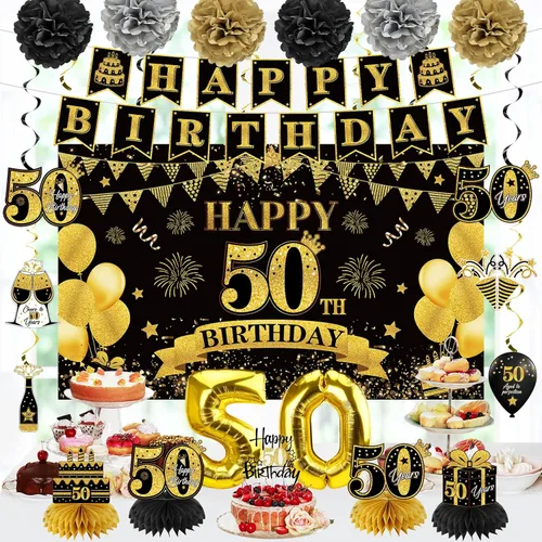 Miniatura 4 de Eucutur Kit de Decoración de 42 Piezas para Cumpleaños 50, para Hombres y Mujeres, Banner de Cumpleaños 50 Feliz en Oro Negro, Globos, Centro