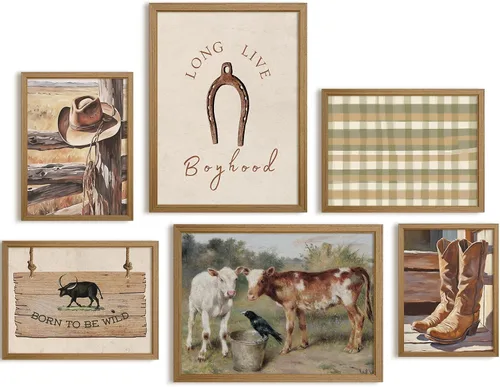 Miniatura 22 de Arte de pared de vaquero, imágenes en lienzo para guardería, decoración de pared de vaca occidental, impresiones de habitación de niños, póster