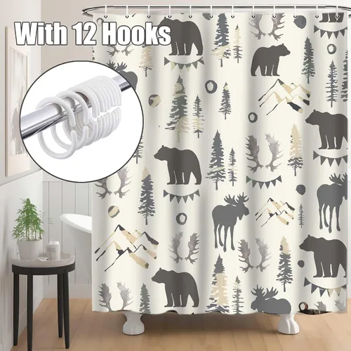 Miniatura 4 de Cortina de ducha de oso de 72 x 72 pulgadas, decoración de baño de bosque de montaña con ciervos y pinos, juego de tela impermeable con temática