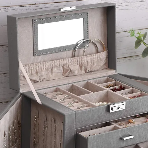 Miniatura 8 de ANWBROAD Caja de joyería grande de 6 niveles organizador de joyas con cerradura de espejo caja de joyería para niñas aretes anillos collares