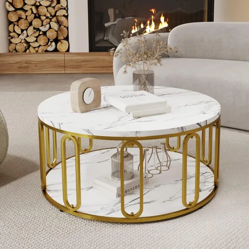 Mesa de café redonda, mesa de madera con patrón de mármol y almacenamiento abierto redondo, patas sólidas de metal dorado para sala de estar, color