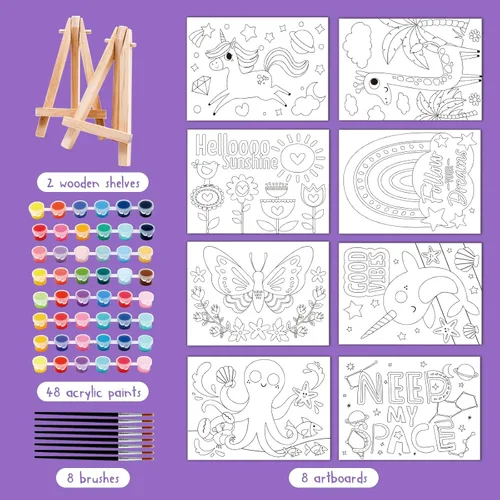 Miniatura 2 de goldentime Juego de 8 lienzos predibujados de 5 x 7 pulgadas, pintura por números para niños, 48 pinturas, 8 pinceles, 2 caballetes, kit de pintura