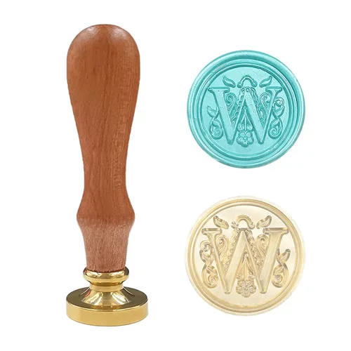 Sello de cera medieval tradicional del alfabeto inicial, cabeza de latón, mango de madera, sellos de letras para tarjeta/sobre/regalo - (Letra W)