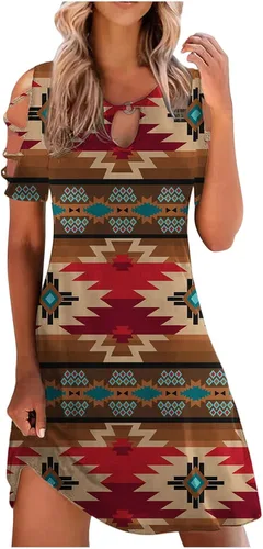 NIUQI Vestido tipo túnica de manga corta con cuello de ojo de cerradura para mujer, vestido de baile moderno de verano