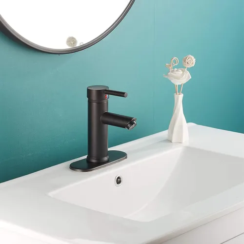 Miniatura 4 de Grifo de lavabo de baño negro con una sola manija de un agujero, grifo de baño de latón, tocador de baño, montaje en cubierta comercial con manguera