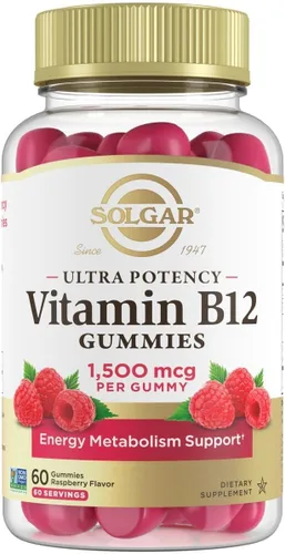 Solgar Gomitas Metil B12 para adultos, 1,500 mcg de vitamina ultra potencia para apoyo energético y metabolismo, sabor frambuesa, gomitas veganas y