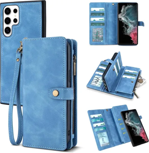 Miniatura 29 de TwoHead Funda tipo cartera para Samsung Galaxy S22 Ultra con tarjetero y funda magnética desmontable, funda de cuero con protección completa